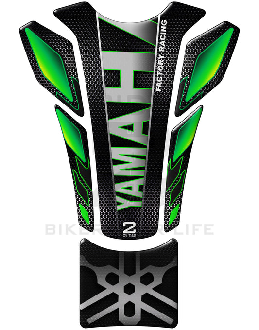 Yamaha Factory Racing Green, Silver and Black Carbon Fibre. Universal Fit Motor Bike Tank Pad Protectors