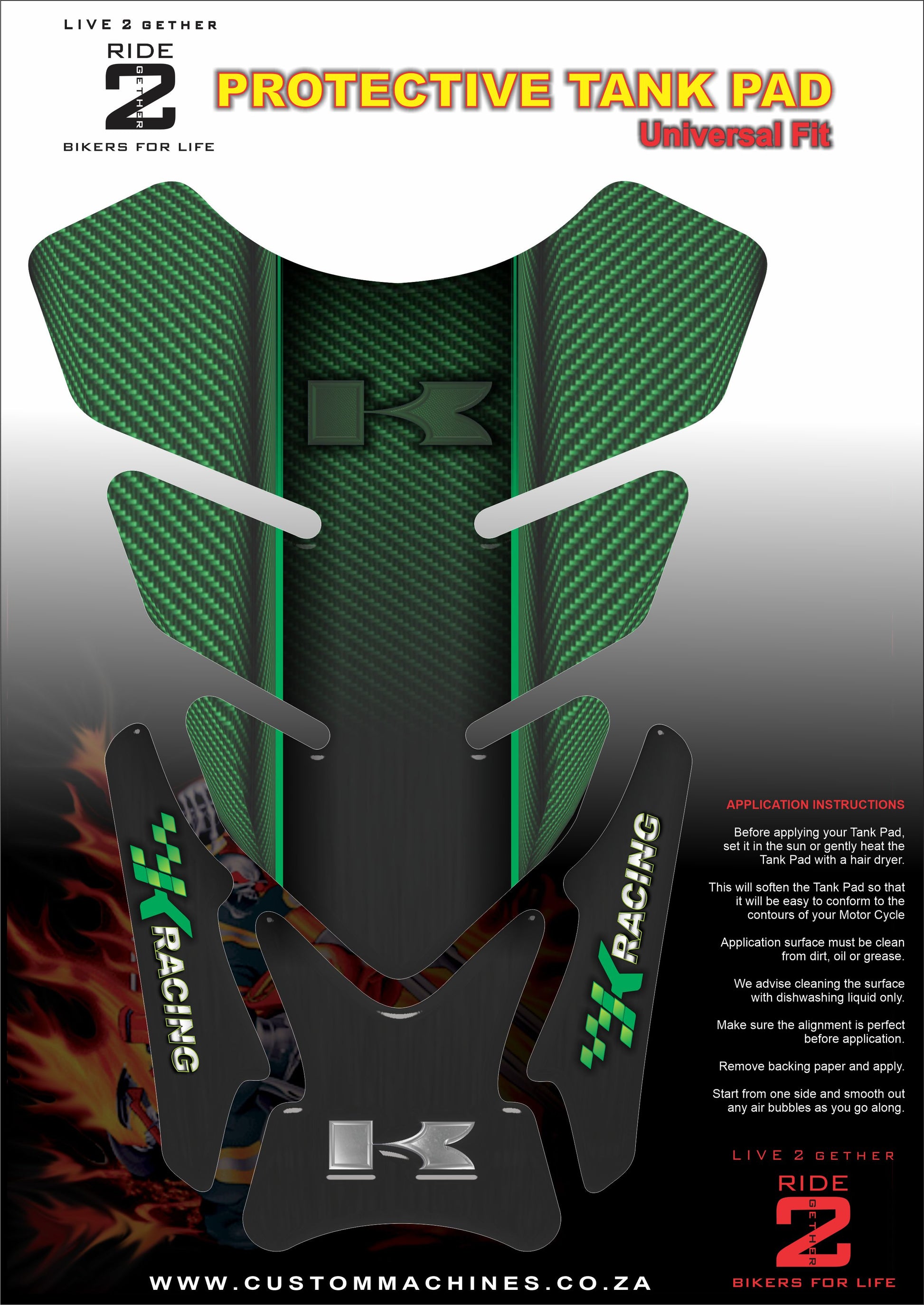 Kawasaki K Racing Green and  Black Carbon Fibre Motor Cycle Tank Pad / Protector
