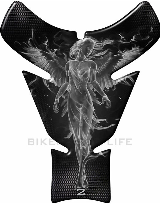 Black and Silver Grey Universal Fit Angelic Flaming Tank Pad Protector. A street pad which fits most models.