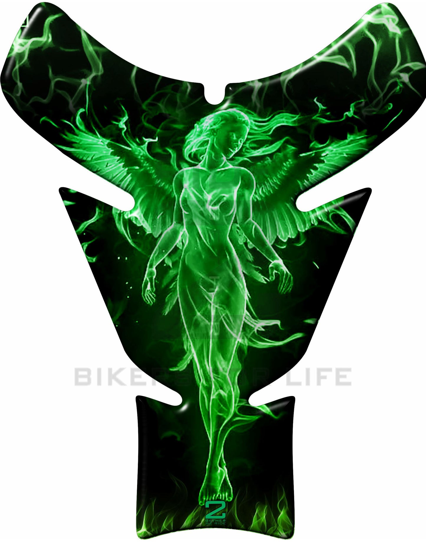 Green and Black Universal Fit Angelic Flaming Tank Pad Protector. A street pad which fits most models.