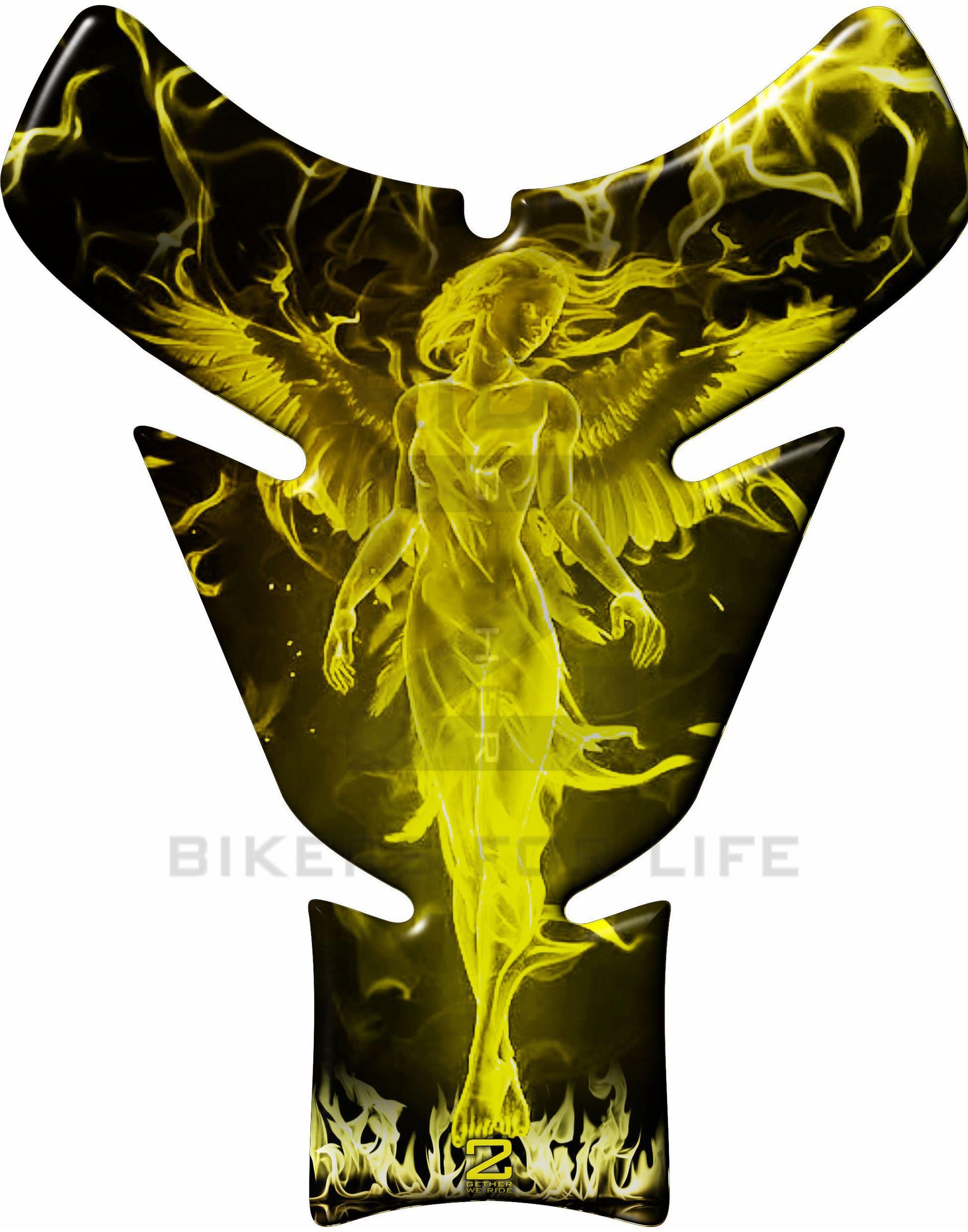 Yellow and Black Universal Fit Angelic Flaming Tank Pad Protector. A street pad which fits most models.